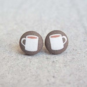 Coffee Cup Fabric Button Earrings
